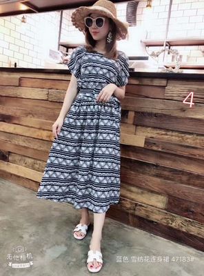 连衣裙；雪纺；短袖；均码；中长款；套头；圆领；高腰；甜美；A字裙；纯色；印花